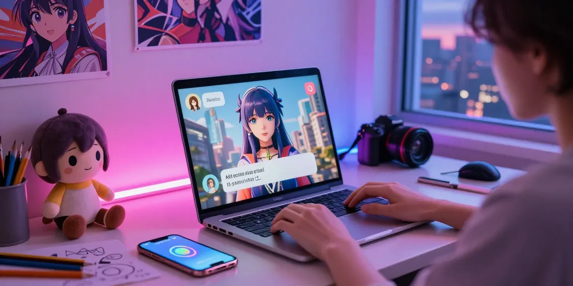 Engaging ai ecchi chat experience with user interacting with vibrant animated character on laptop in modern room.