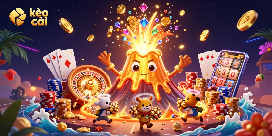 Engage with kèo nhà cái as a golden volcano erupts treasures in a vibrant casino scene.