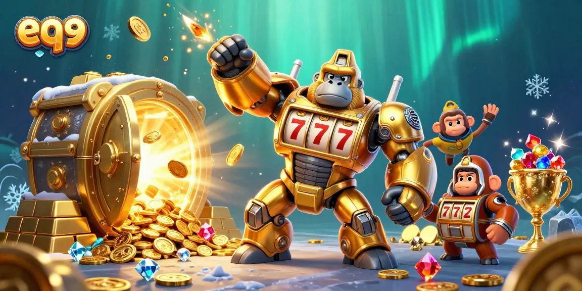 Spin to win big at eq9, showcasing a golden gorilla mech made from slot machine parts.