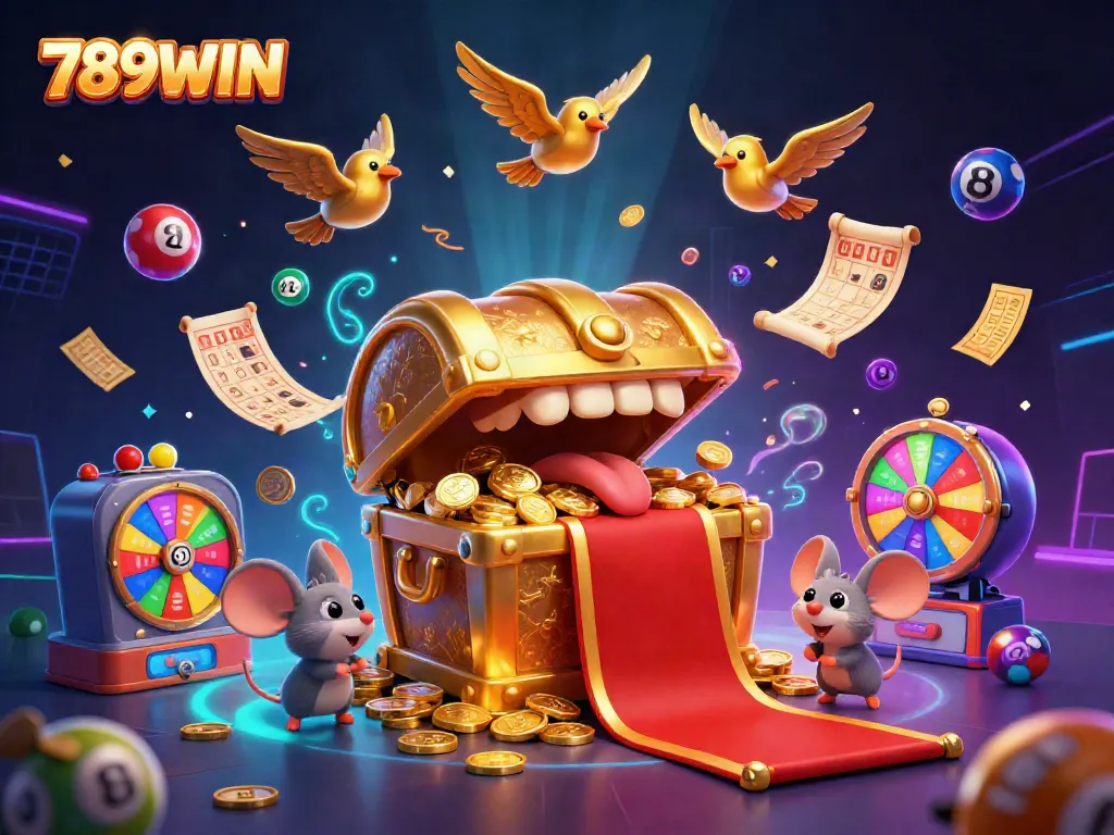 Engage in exciting lottery activities with 789WIN while enjoying vibrant visuals and wealth-packed scenes.