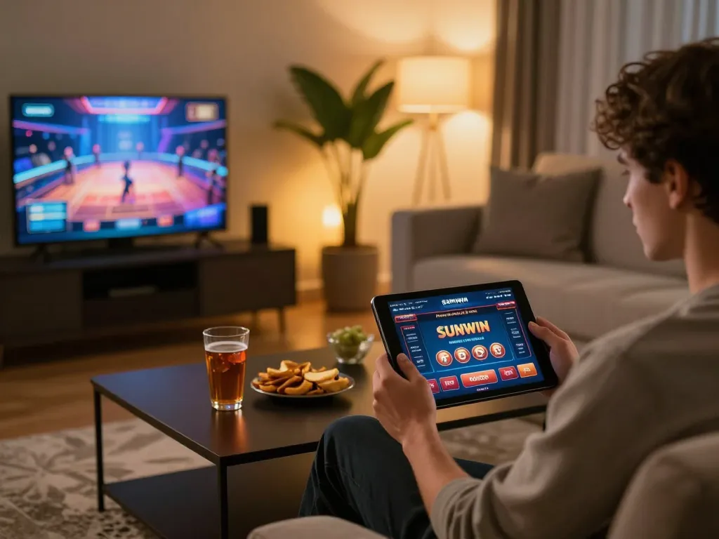 Player engaging with the Sunwin online casino on a tablet in a cozy home setting, emphasizing strategic gameplay.