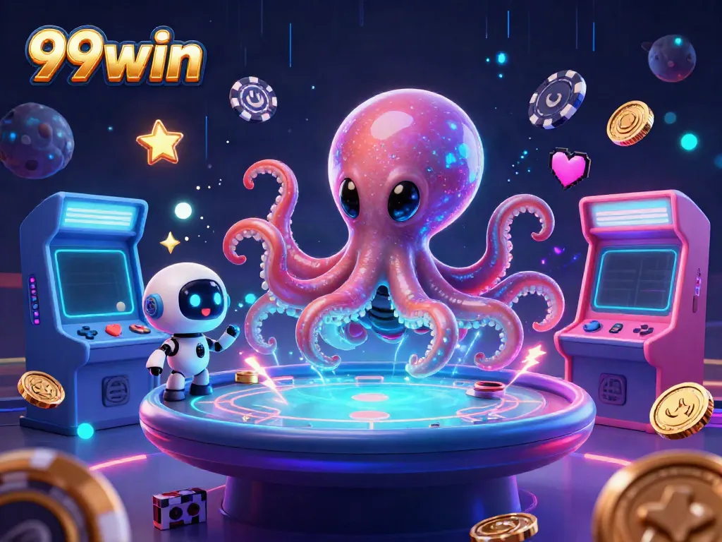 Engage in thrilling gameplay at 99win's immersive poker table surrounded by vibrant arcade elements.
