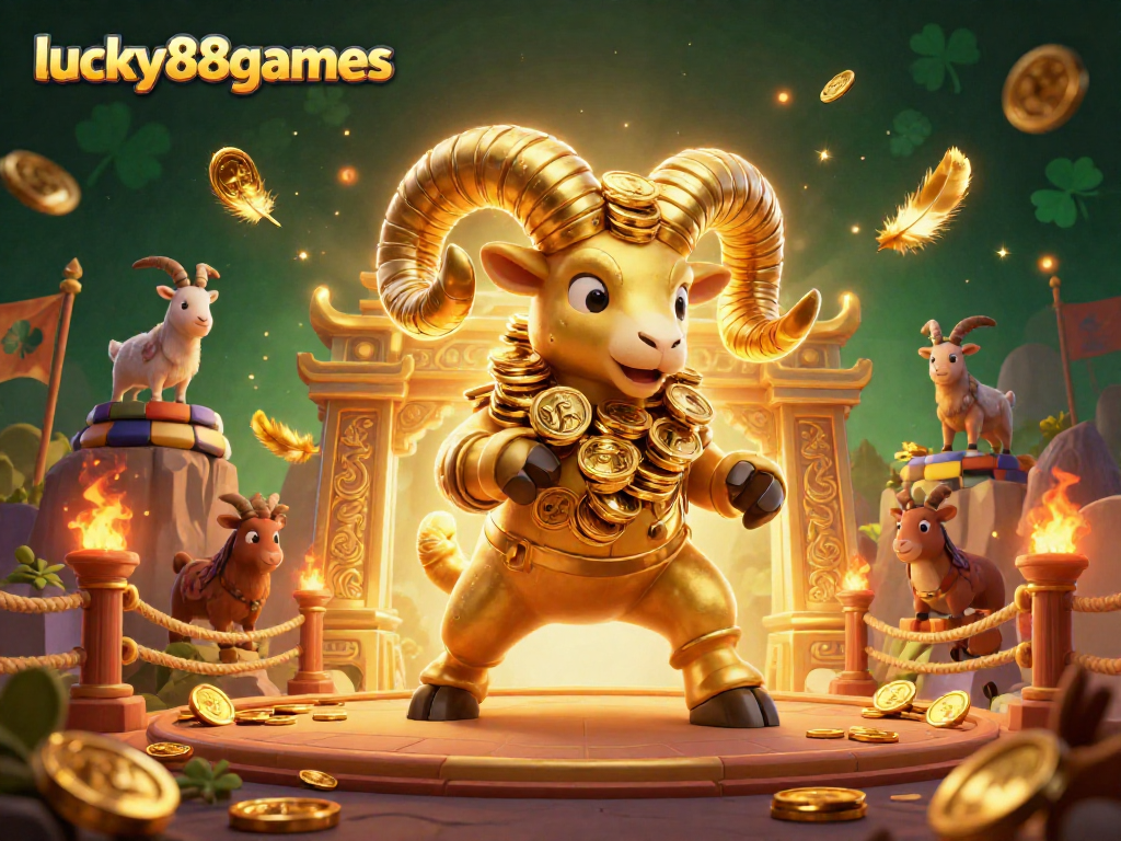Experience the thrill of lucky88games with a vibrant 3D casino scene of a golden ram charging through a dynamic arena.