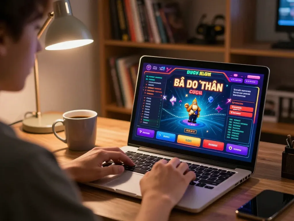Player immersed in game bài đổi thưởng on laptop, highlighting strategy and responsible gaming.