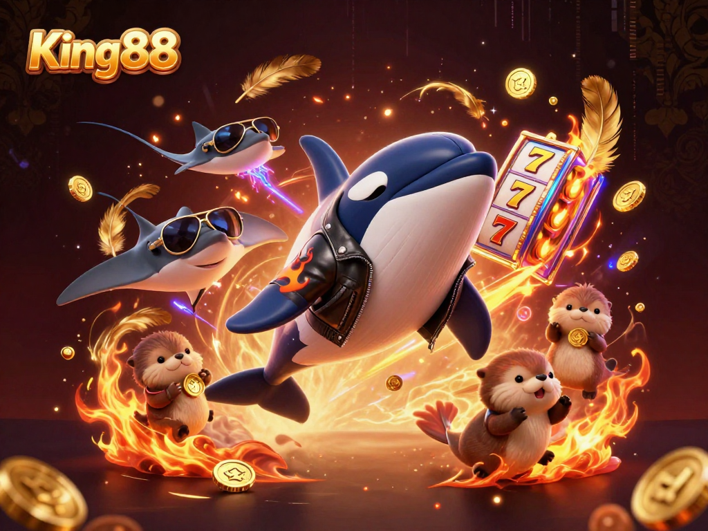 King88 brings thrilling casino excitement with colorful characters, slot reels, and golden coins in a vibrant underwater scene.