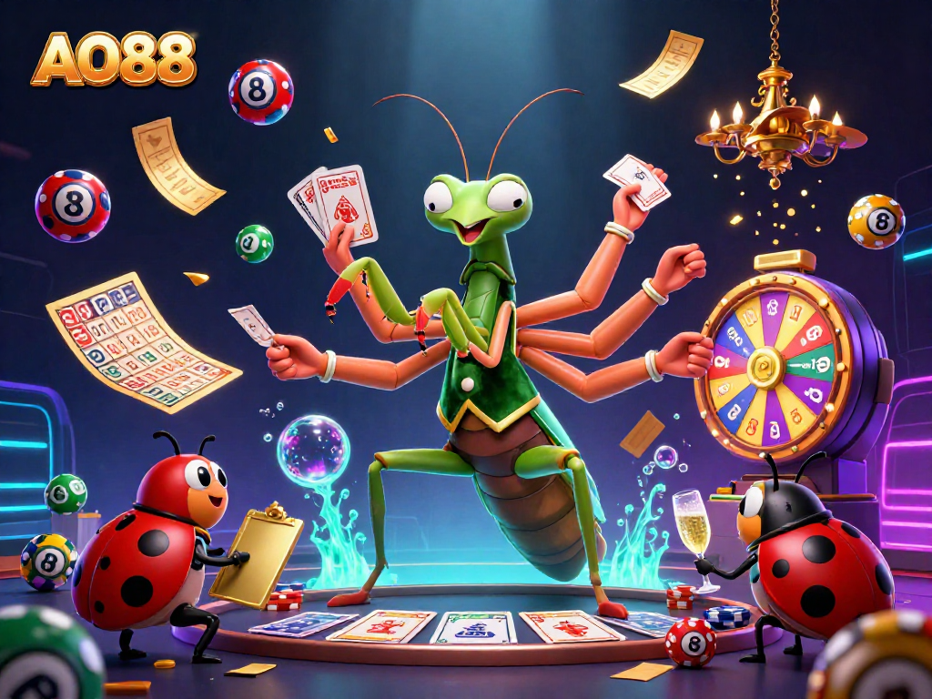 Experience thrilling AO88 gaming action with a lively mantis card sharp and ladybug pit boss overseeing dynamic lottery games.