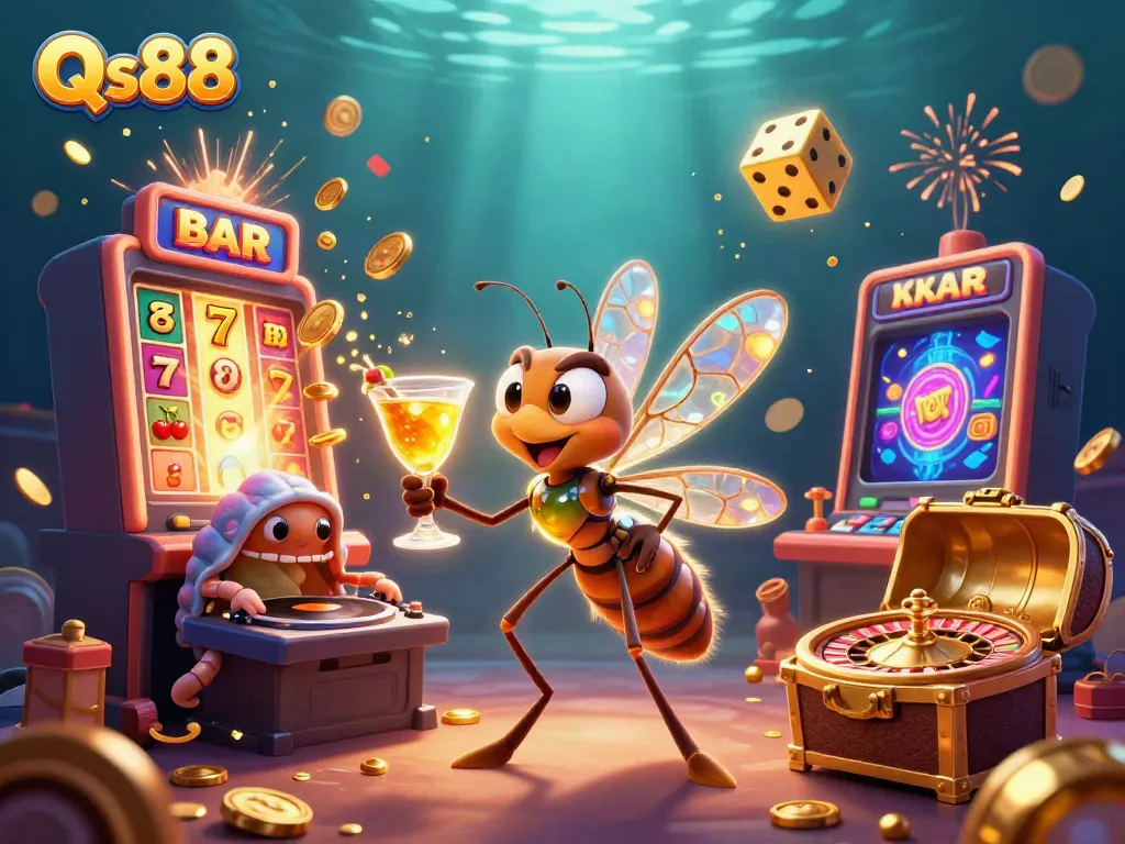 Experience the thrill of Qs88 casino with a vibrant scene of animated characters and game elements.