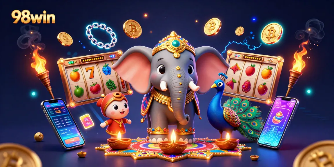 Immerse in 98win slot gaming with a colorful elephant and peacock, featuring vibrant jackpot elements.