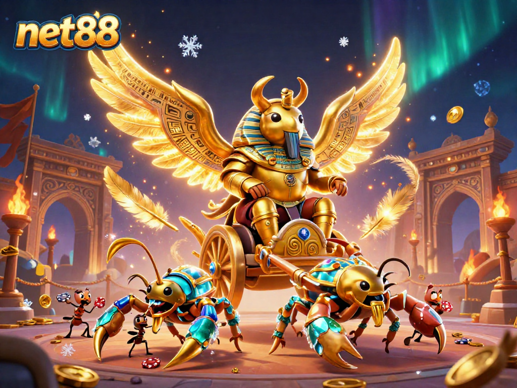 Engage with net88’s vibrant casino scene featuring a golden beetle and scorpions.