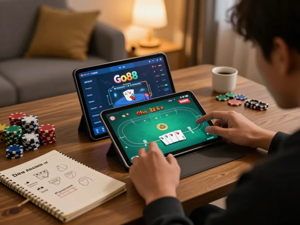Player enjoys Go88 poker game on tablet in a cozy home setting, showcasing strategic gameplay.