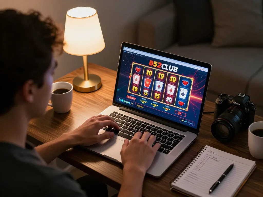 b52club player engaged in strategic online casino gameplay at home, focused on spinning slots and poker cards