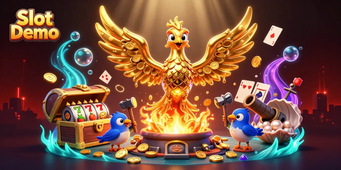 Experience thrilling gameplay with Slot Demo featuring a molten phoenix and slot elements amidst a vibrant casino scene.