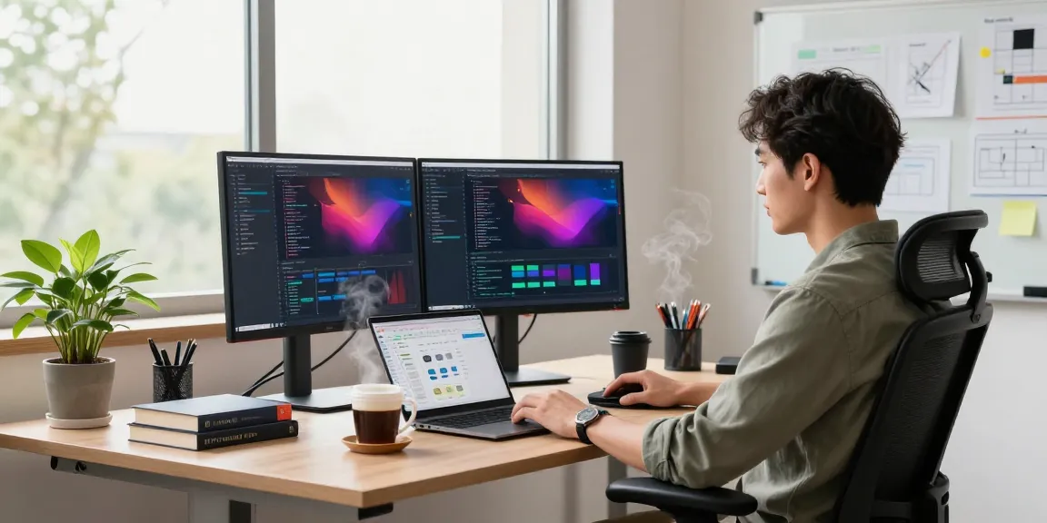快连 software developer working in a modern tech office with dual monitors, natural light, and green plants.