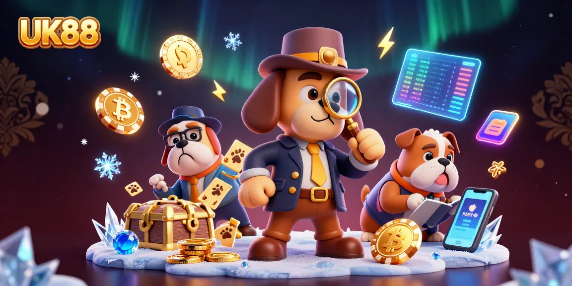 Engage with UK88's thrilling poker gameplay as a detective and bulldog uncover hidden treasures in a vibrant casino.