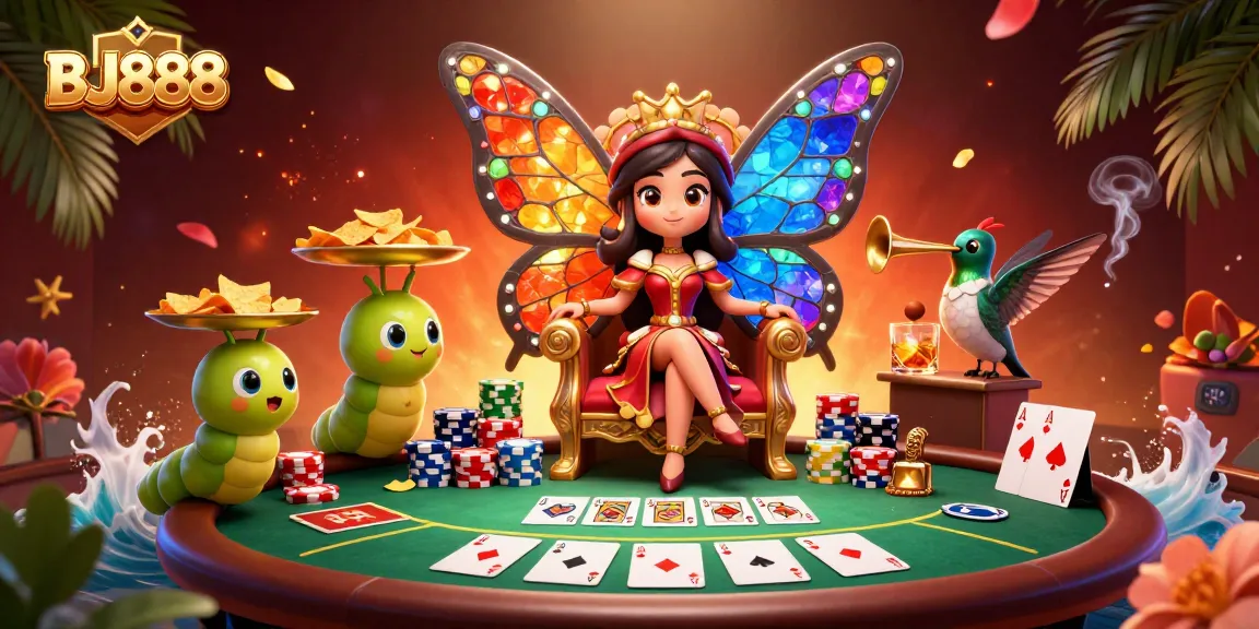 BJ888 celebrates with a vibrant 3D casino scene featuring a butterfly queen and poker elements.
