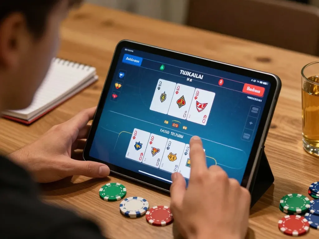 Engaging in an online poker game on a tablet while managing bankroll and strategies at home, rikvip experience