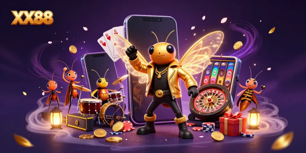 Experience the vibrant casino atmosphere of XX88 with a buzzing rock star and thrilling game elements.