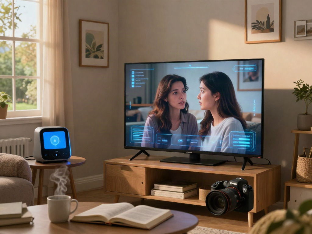 Young woman enjoying an interaction with her AI girlfriend in a cozy living room.