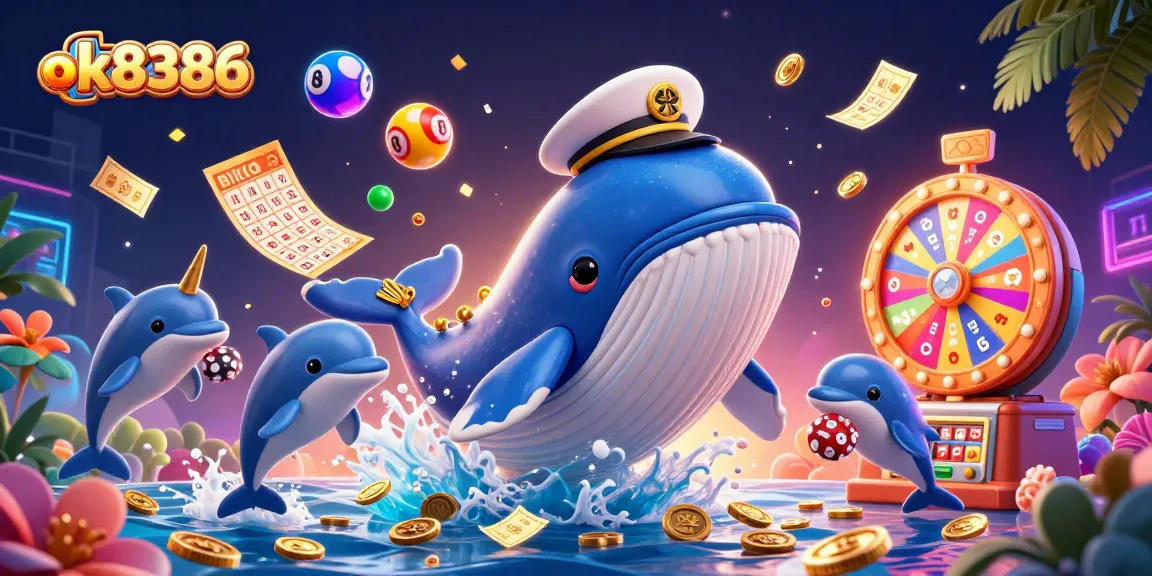 Playful gambling scene with the gigantic whale, narwhal, and dolphins, showcasing exciting games at ok8386