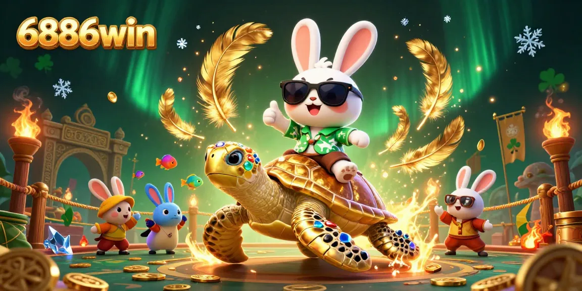 Experience immersive gaming with 6886win featuring lucky rabbit and golden turtle in vibrant casino scene.