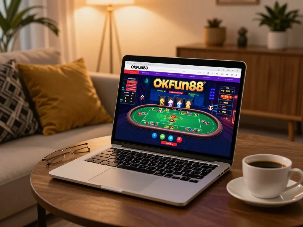 Engaging online gameplay on Okfun88 laptop, showcasing live dealer entertainment in a cozy home atmosphere.