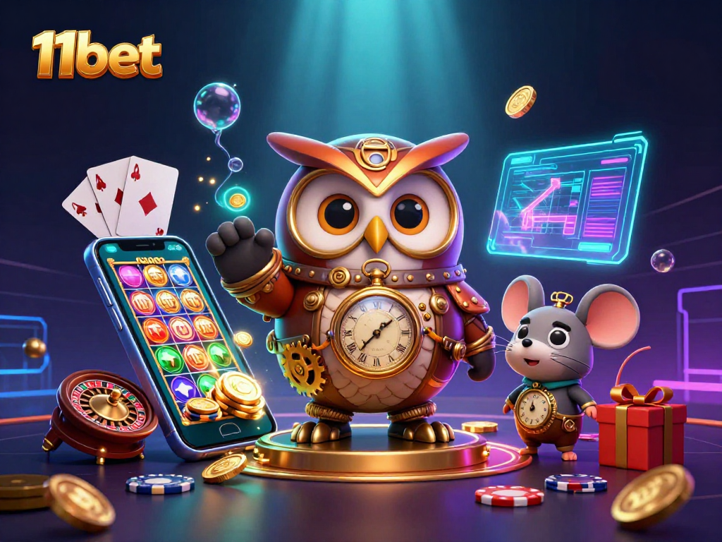 Engage with the 11bet experience featuring vibrant casino elements and time-traveling characters.
