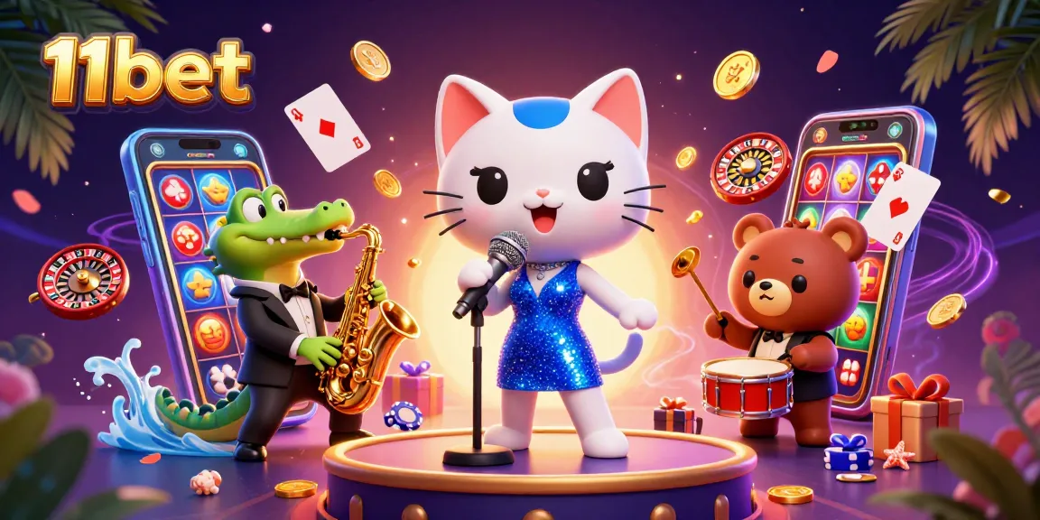 11bet's vibrant casino scene with a singing cat, saxophone crocodile, and drumming bear.