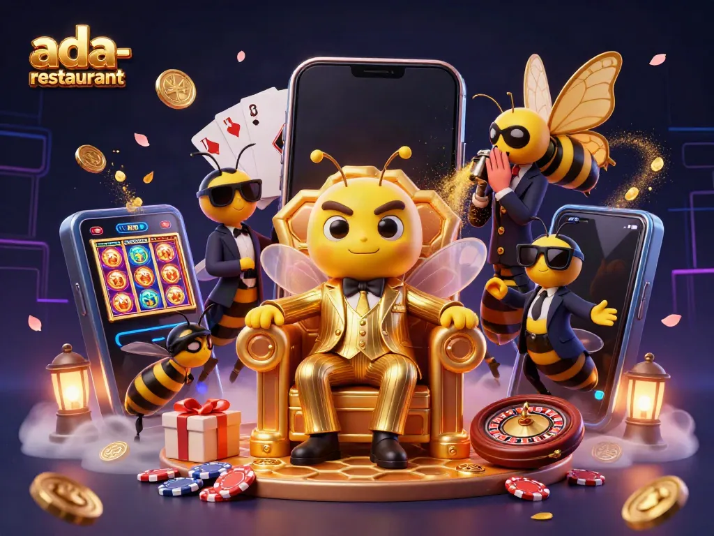 Experience thrilling gameplay at ada-restaurant with slot games and casino elements in a vibrant 3D scene.