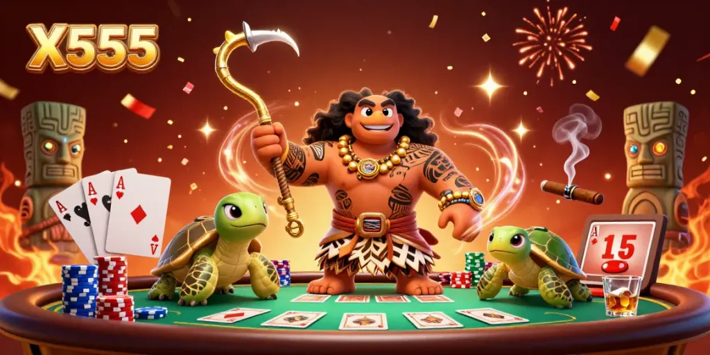 Experience the excitement of X555 with a vibrant 3D illustration showcasing thrilling poker action and dynamic gameplay.