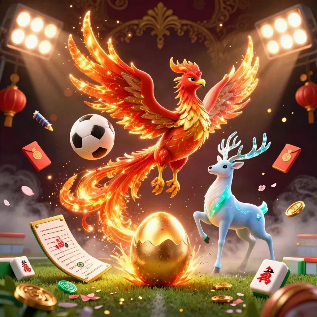 Phoenix, stag and gold egg amid flying balls, coins, lanterns and blazing light