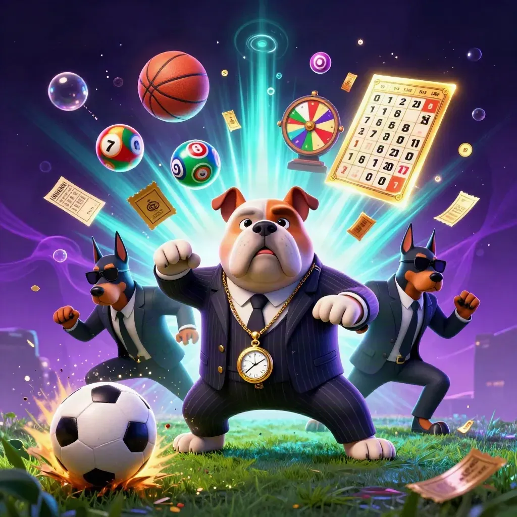Bulldog boss and two Dobermans amid flying casino props, soccer ball and neon light.