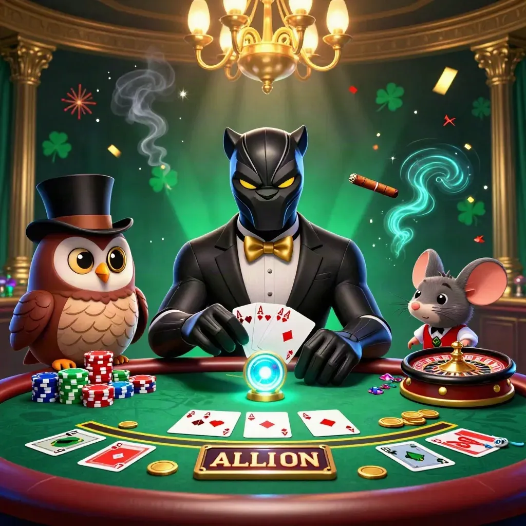 Panther, owl and mouse at a glowing casino table amid chips, cards and chandelier light