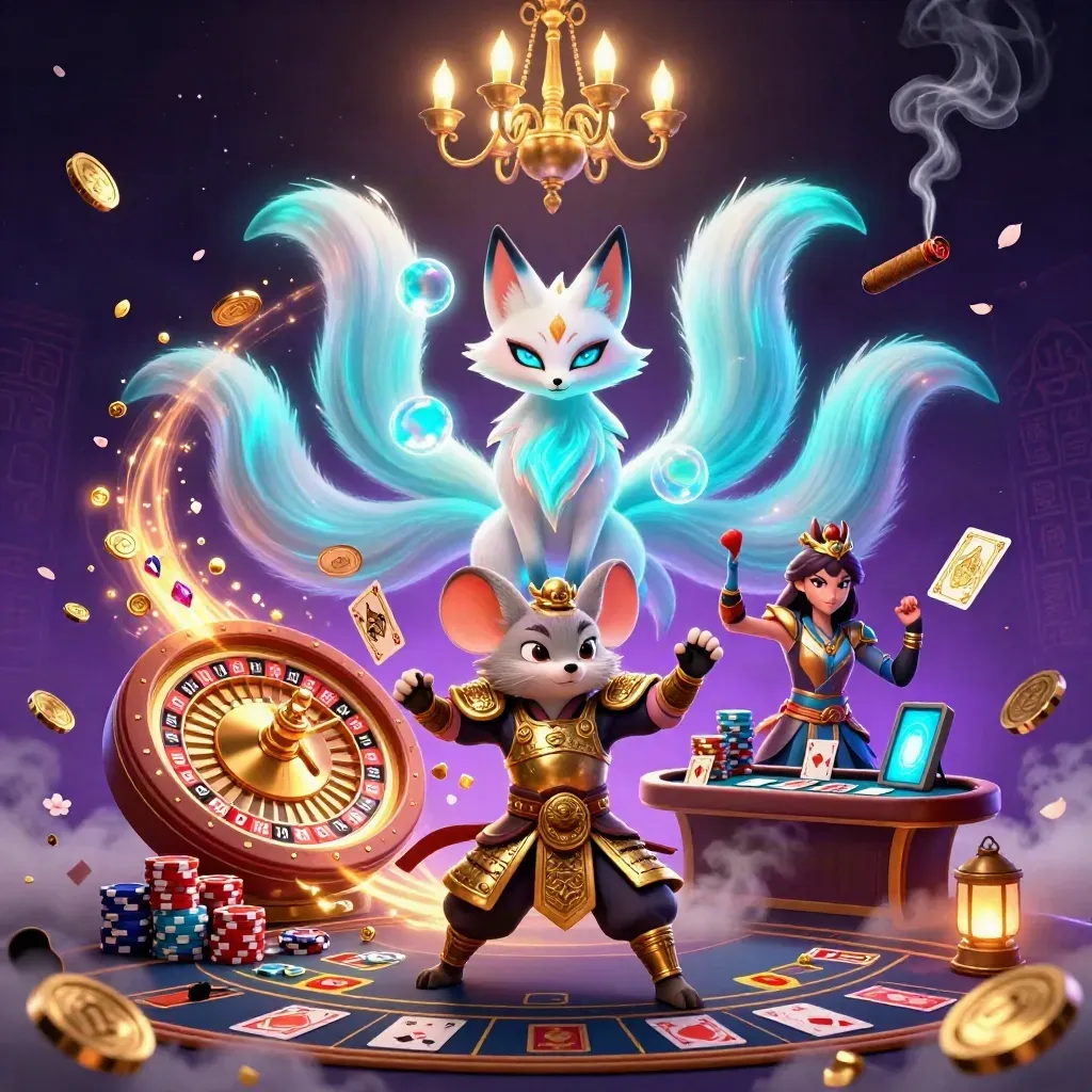 Nine-tailed fox spirit and armored mouse amid casino magic, coins, gems, cards, and a spinning roulette wheel.