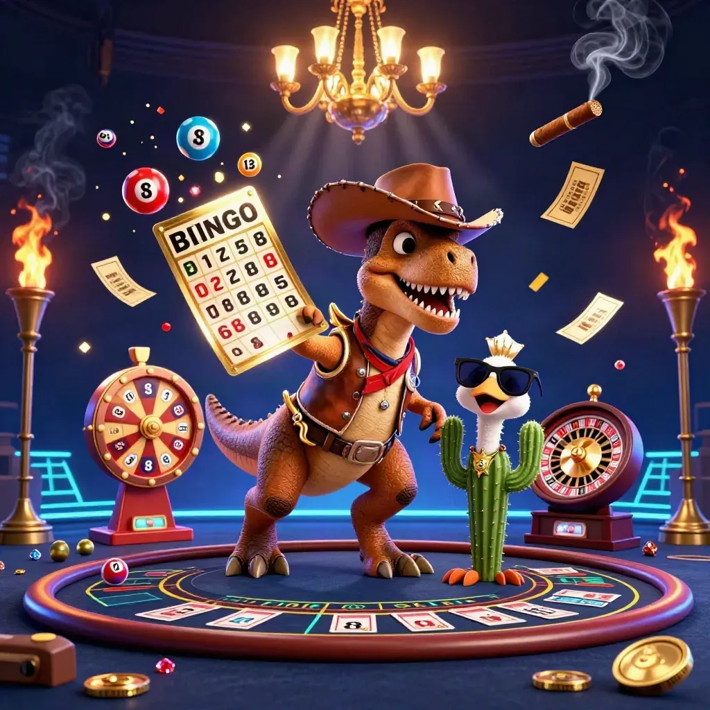 Cowboy T-Rex, cactus sidekick, and roadrunner amid neon casino props in a premium splash scene.