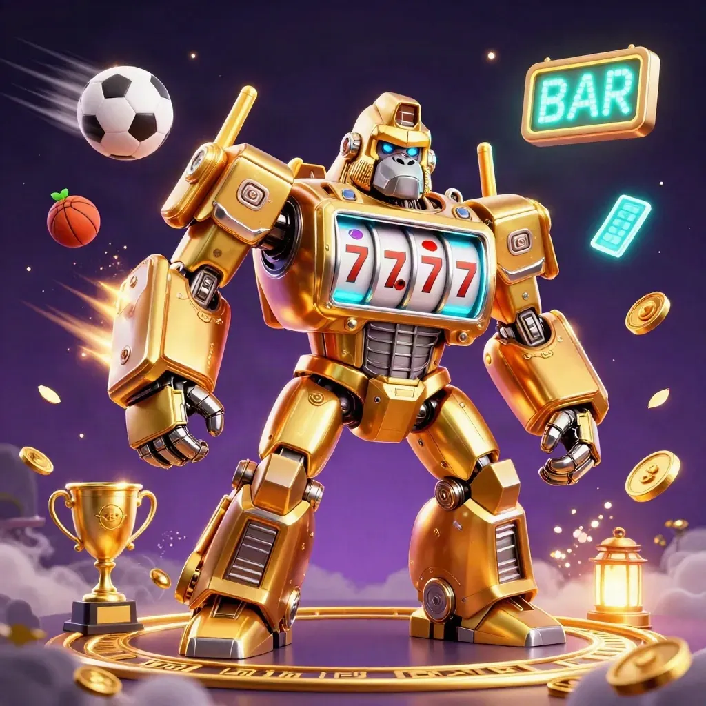 Golden gorilla mech with monkey pilot, sports balls, trophy, coins, and neon casino energy.