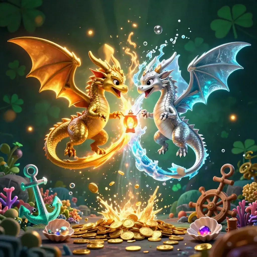 Gold and silver dragons form a yin-yang above a glowing treasure cove with coral, coins, and a lantern spirit.