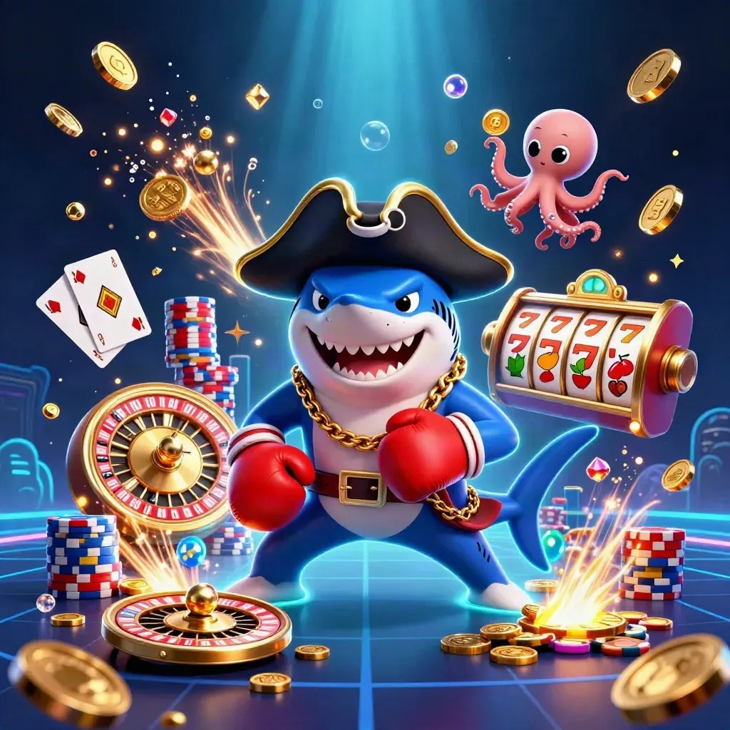 Pirate shark, boxing pufferfish and juggling octopus amid casino coins, gems and neon underwater glow.