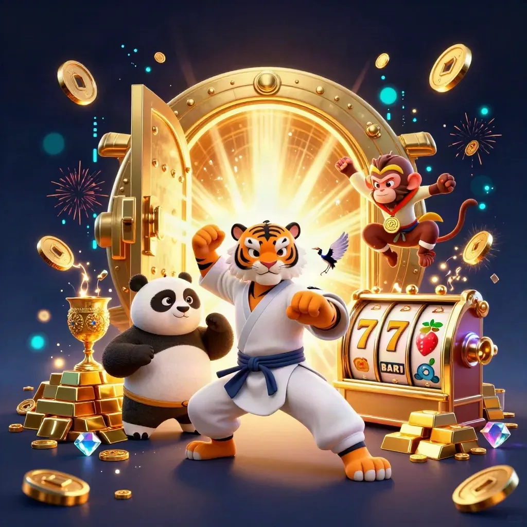 Tiger, panda, and monkey burst from a gold vault amid coins, gems, and neon sparks.