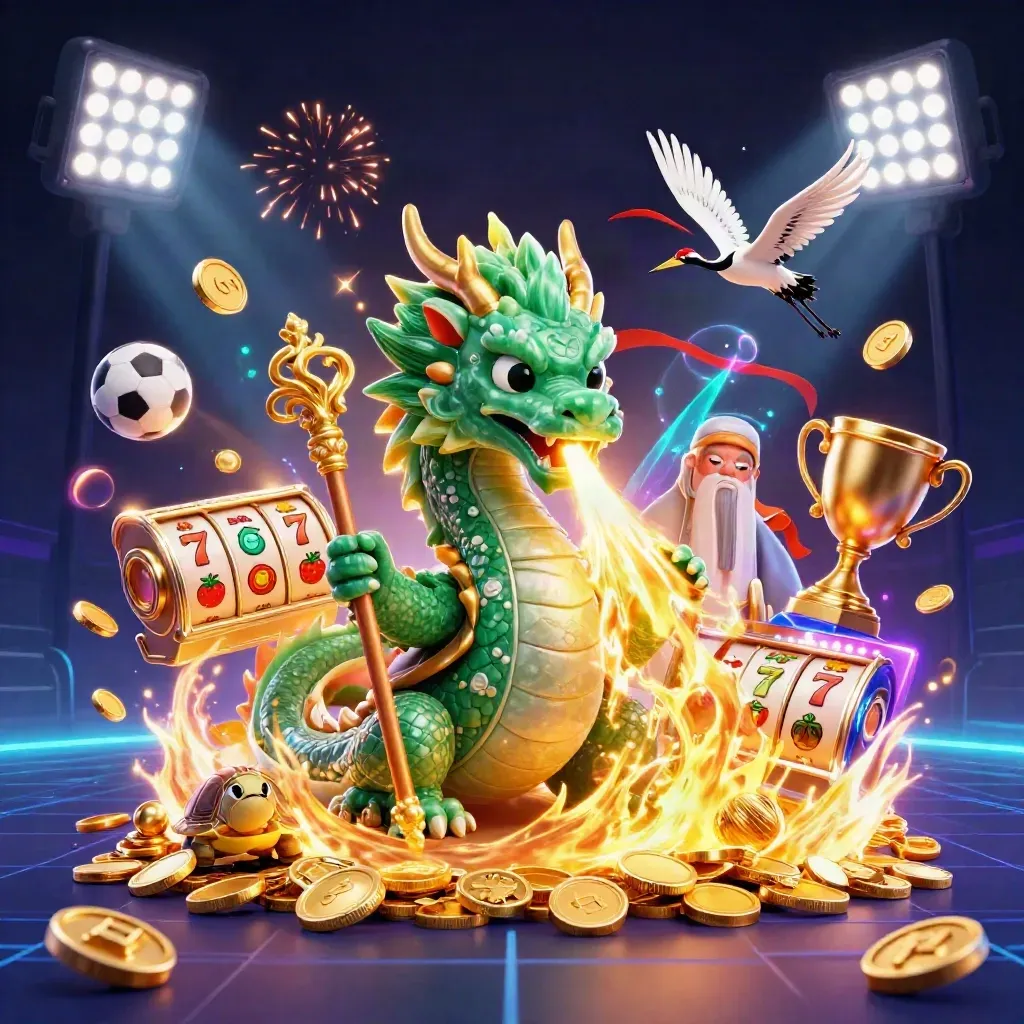 Jade dragon, turtle sage and cranes amid coins, reels, sports balls and neon casino light.