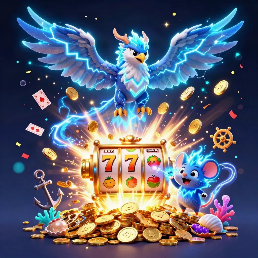 Thunder dragon, wind hawk and static mouse amid coin storm, coral, reels and fireworks.