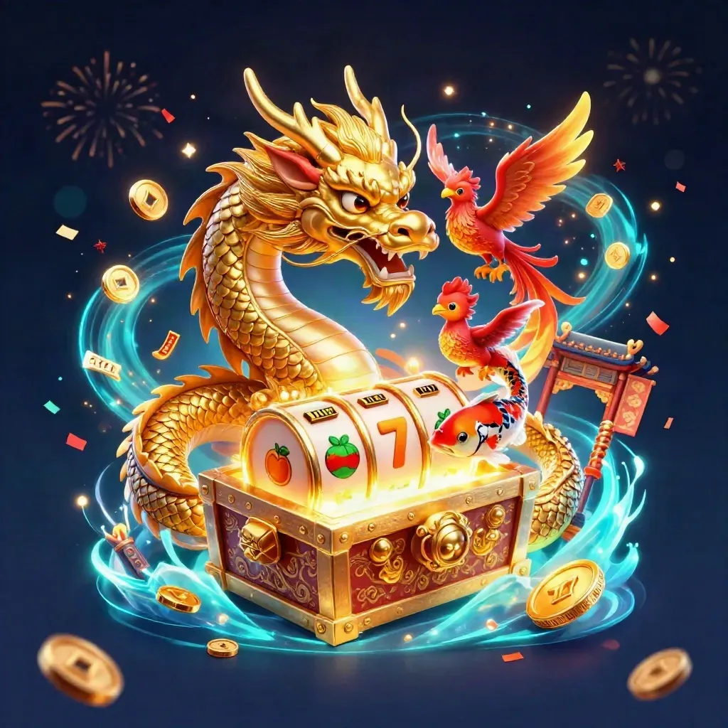 Golden dragon, phoenix and koi around treasure chest in a neon casino scene