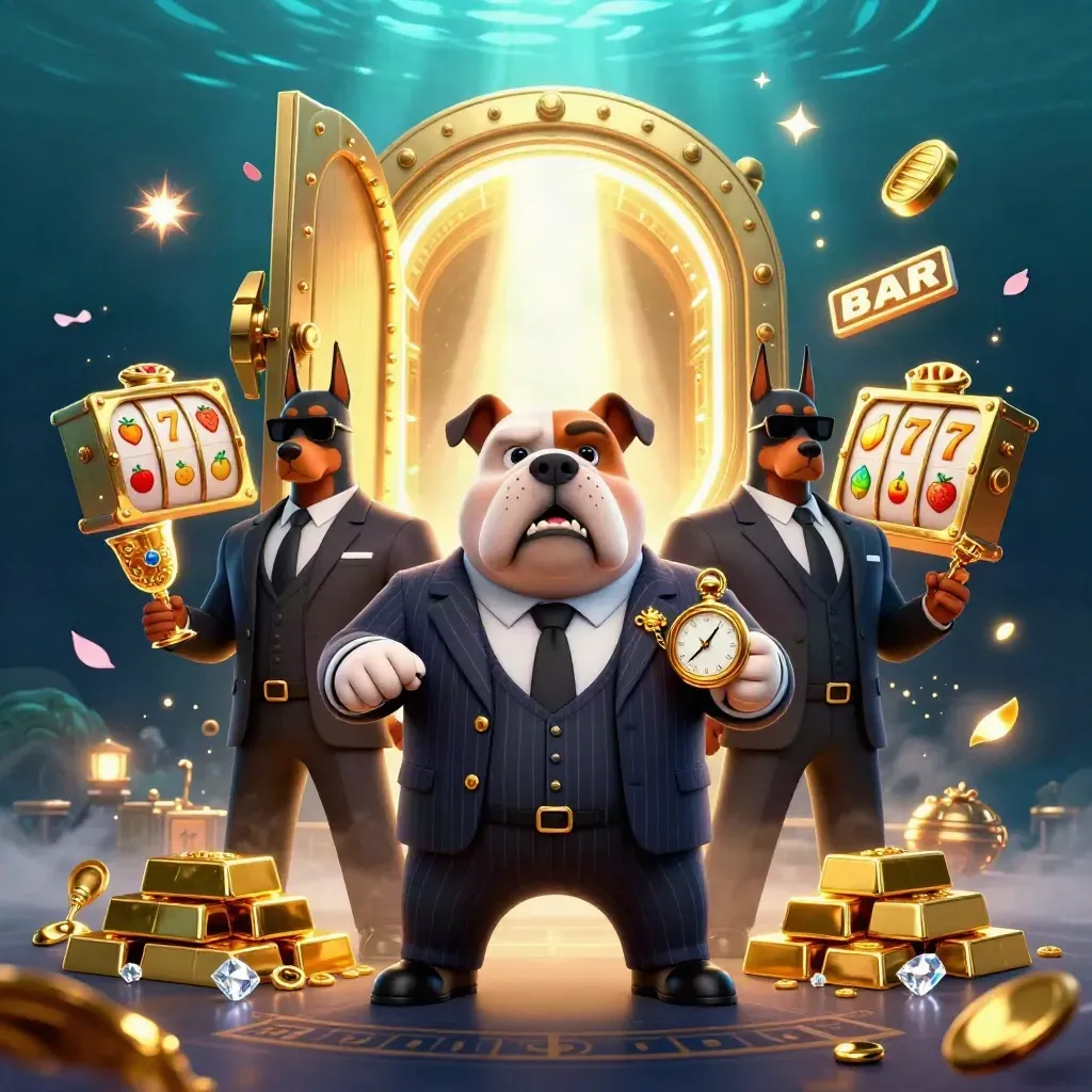 Bulldog boss and two Doberman guards amid vault gold, reels, gems, and neon underwater light.