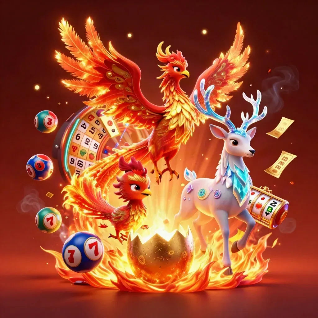 Fire phoenix, hatchling, and crystal stag surrounded by slots, bingo, and neon casino lights.