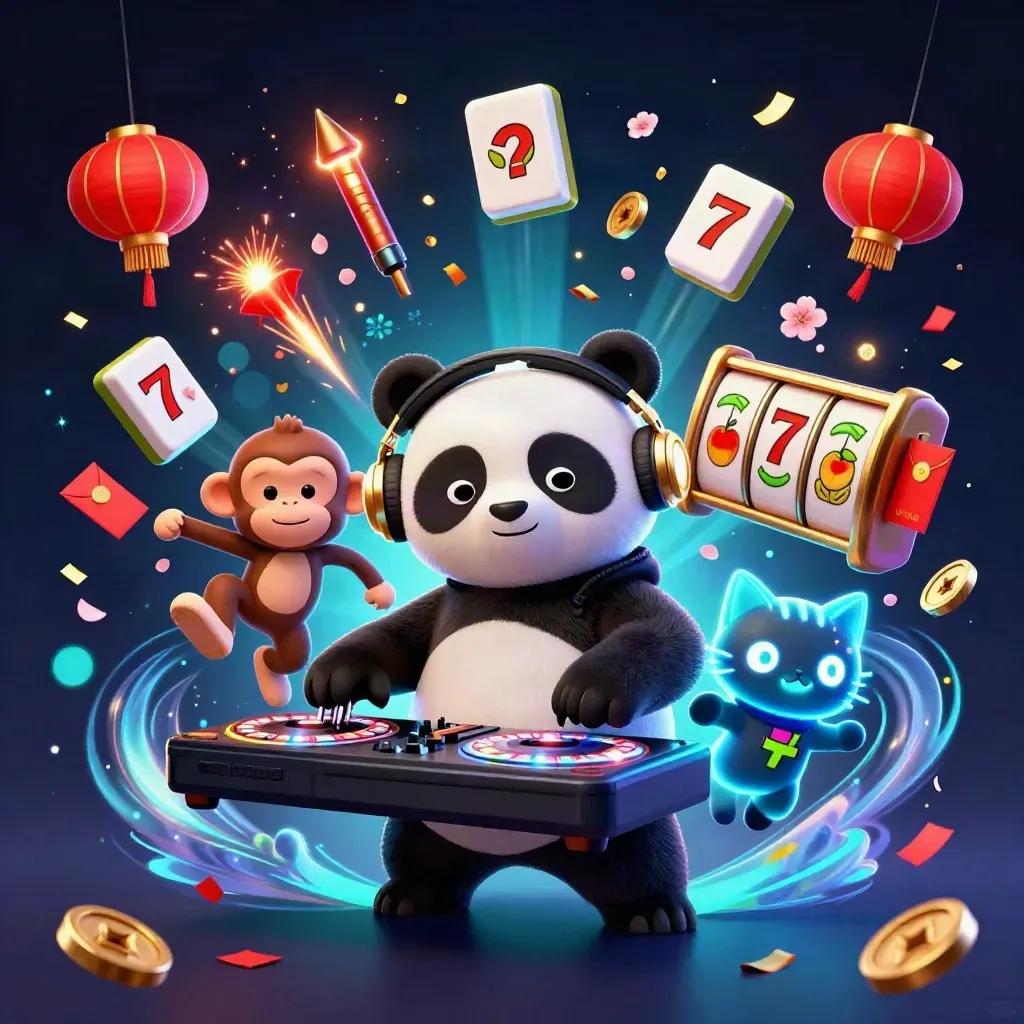 DJ panda, breakdancing monkey, and glow-stick kitten amid casino symbols and neon fireworks