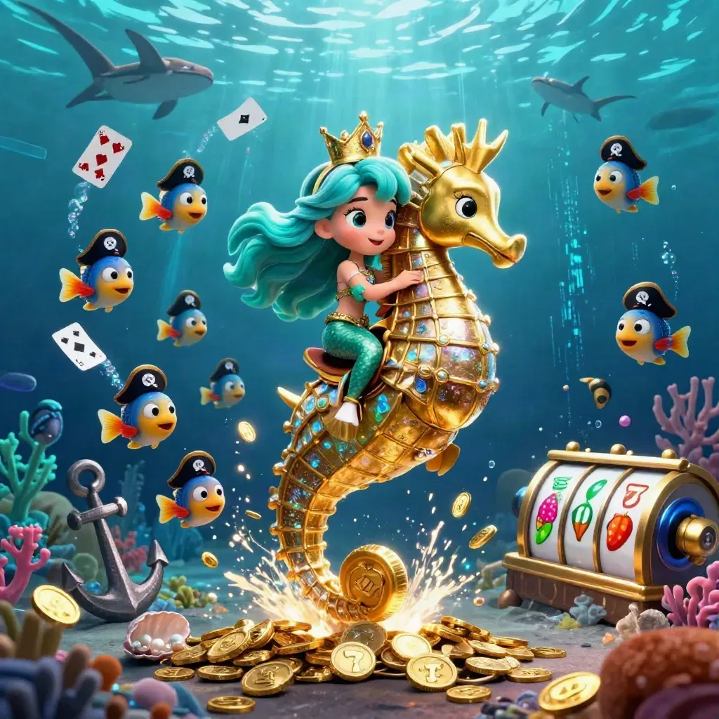 Mermaid princess on a golden seahorse amid pirate fish, coins, coral, cards, reels and neon sea glow.