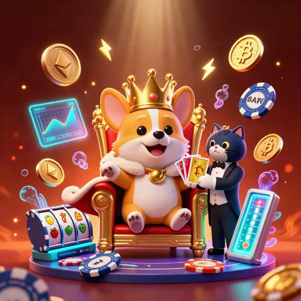 Royal corgi and cat butler amid neon casino coins, charts, reels, and glowing effects.