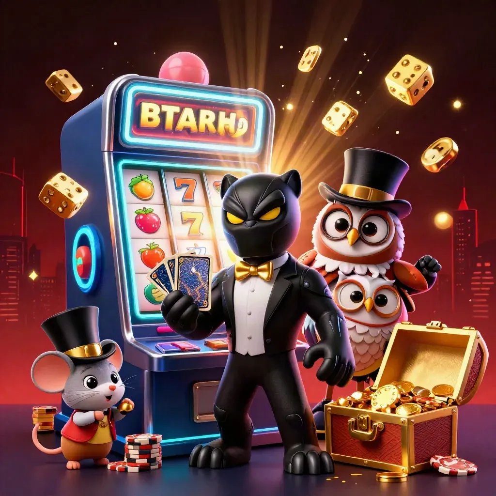 Panther, owl, and mouse around a bursting slot machine with gold and neon effects