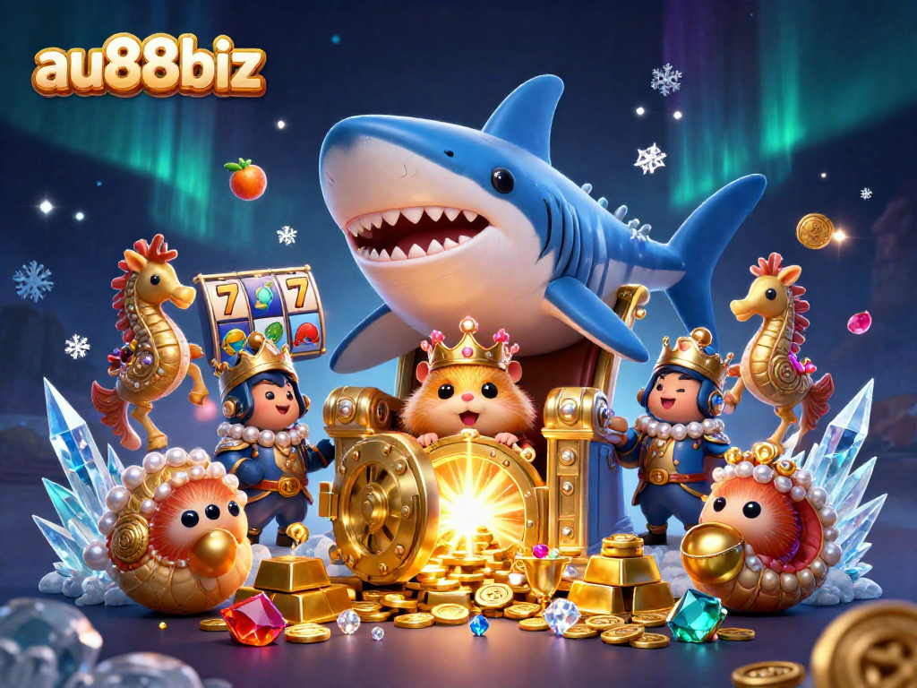 Engage in thrilling gaming action at au88biz with a lively 3D illustration showcasing a hamster king amidst slot superstars.
