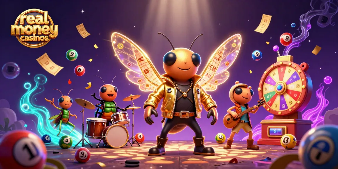 Engage with real money casinos featuring a lively 3D scene of a cicada rock star and vibrant gaming elements.