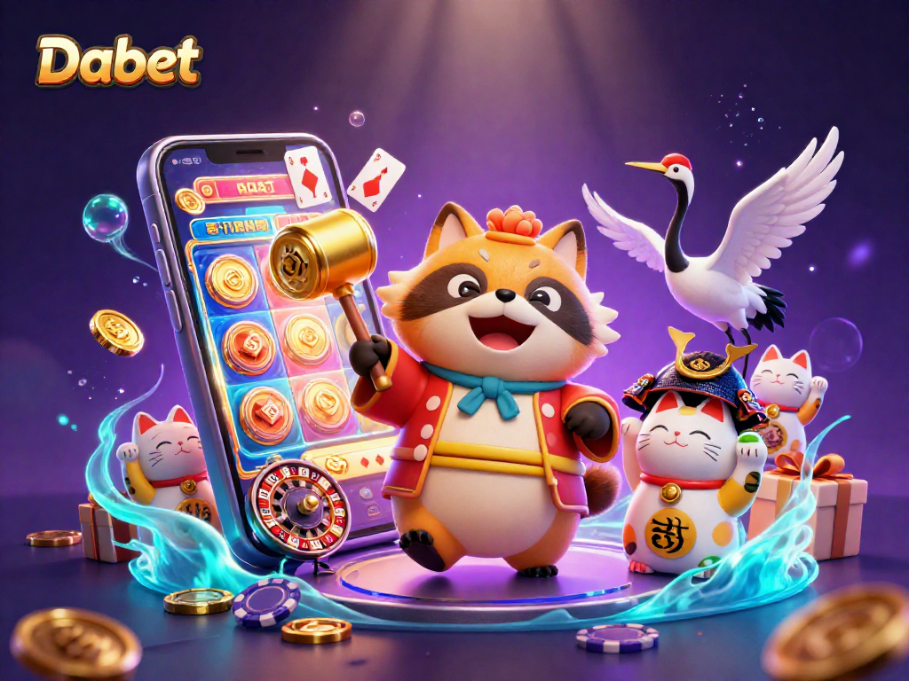 Dabet showcases a lively scene with a tanuki and friends celebrating luck in a colorful casino atmosphere.